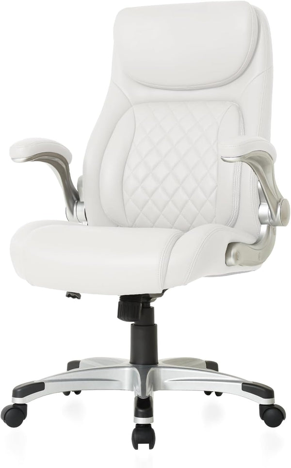 +Posture Ergonomic PU Leather Office Chair. Click5 Lumbar Support with Flipadjust Armrests. Modern Executive Chair and Computer Desk Chair (White)
