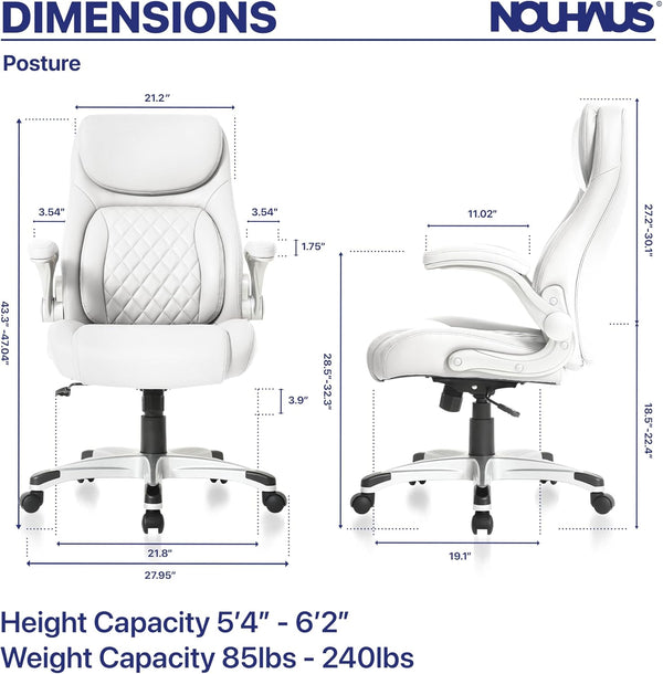 +Posture Ergonomic PU Leather Office Chair. Click5 Lumbar Support with Flipadjust Armrests. Modern Executive Chair and Computer Desk Chair (White)