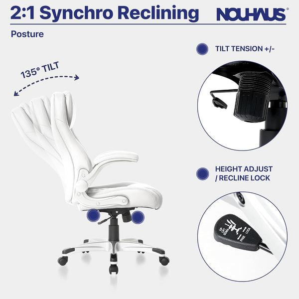 +Posture Ergonomic PU Leather Office Chair. Click5 Lumbar Support with Flipadjust Armrests. Modern Executive Chair and Computer Desk Chair (White)