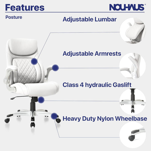 +Posture Ergonomic PU Leather Office Chair. Click5 Lumbar Support with Flipadjust Armrests. Modern Executive Chair and Computer Desk Chair (White)