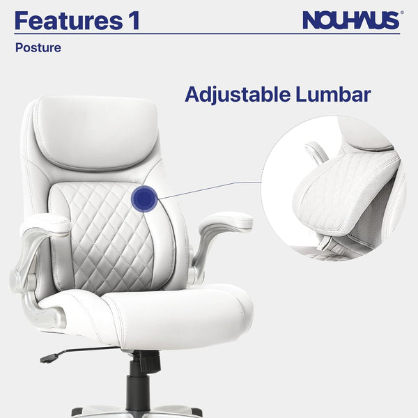 +Posture Ergonomic PU Leather Office Chair. Click5 Lumbar Support with Flipadjust Armrests. Modern Executive Chair and Computer Desk Chair (White)
