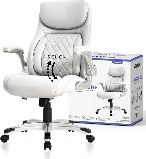 +Posture Ergonomic PU Leather Office Chair. Click5 Lumbar Support with Flipadjust Armrests. Modern Executive Chair and Computer Desk Chair (White)